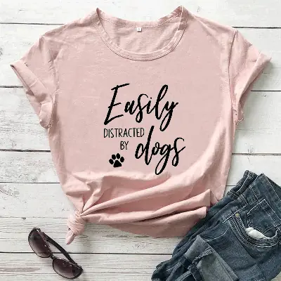 White Printed T-Shirt with "Easily Distracted by Dogs" Design