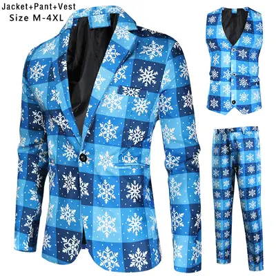 Christmas New Men 3Pc Blue Snowflake Vest Suit