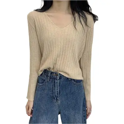 2024 V Neck Long Sleeve Knit Pullover Women