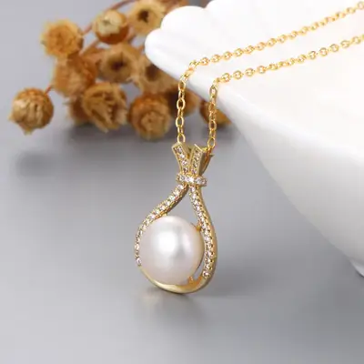 Korean Pearl Zircon Pendant Necklace White Silver