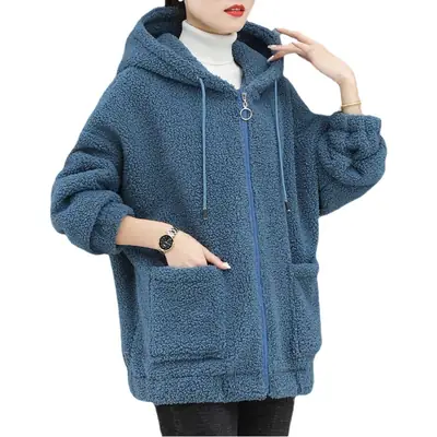 Women Fleece Hoodie Purple Thickened Winter Coat