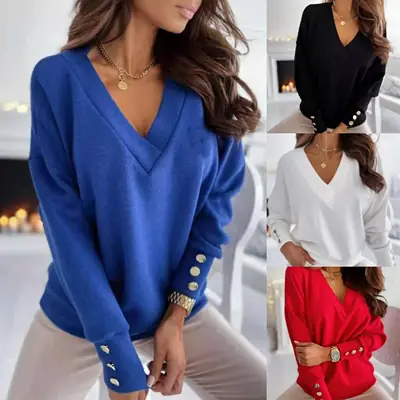 Blue Knitted V-Neck Cuff Button Sweater