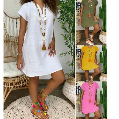 Women Summer Loose Cotton Linen V Neck Dress Light Blue