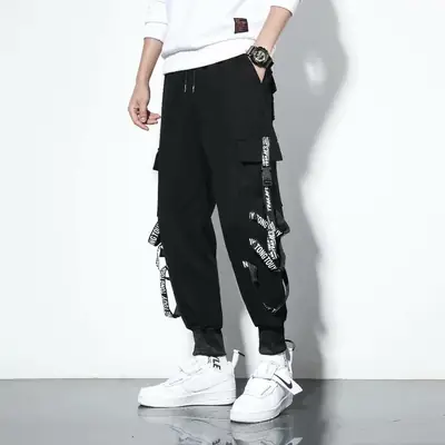 Men Black Cargo Pants with Embroidered Design