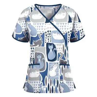 Women's 2021 Printed V-Neck T-Shirt Blue Cat Design