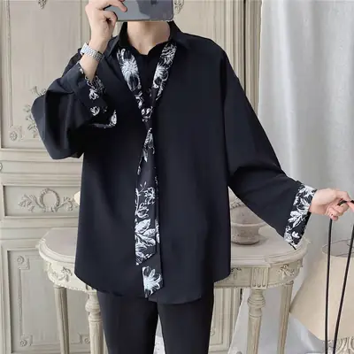 Men's Black Tie Flower Long Sleeve Shirt