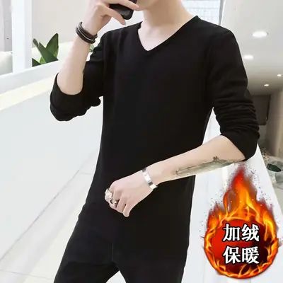 Men V-Neck Fleece Lined Long Sleeve T-Shirt Green