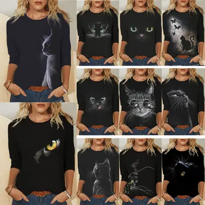Women Printed Long Sleeve T-Shirt Black Cat Design