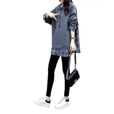 Women Cotton Hoodie Set Grey Plaid 2025 Autumn Loose Fit