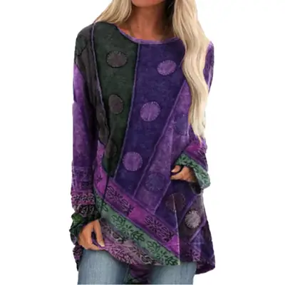 2024 Printed Long Sleeve Women's T-Shirt Green Red Orange