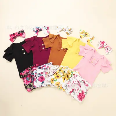 Black Floral Bow Short Sleeve Romper Set for Girls