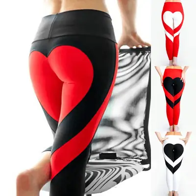 Women Heart Stitching Yoga Pants Black White Hip High Waist