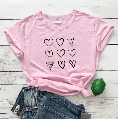 Women Red Heart Print T-Shirt Short Sleeve Casual Wear