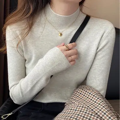 Women Wool Knit Shirt Grey Long Sleeve Winter