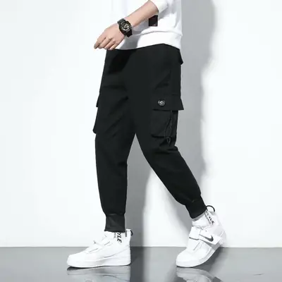 Men Black Cargo Pants Ankle Length Winter Casual