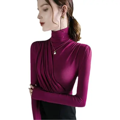 Women Pleated High Collar Shirt Olive Green Winter Base