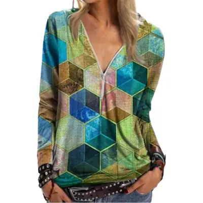 2021 Geometric Rubik's Print V-Neck Zipper Shirt for Women
