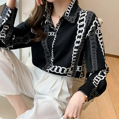 French Style Black Chiffon Long Sleeve Shirt with White Chain Print