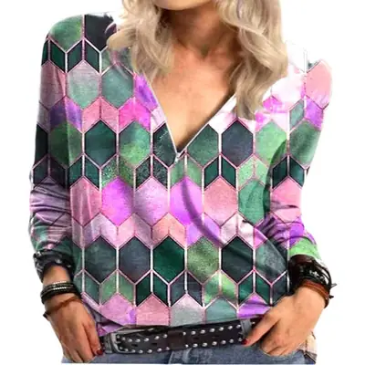 2022 Women's Geometric Printed Long Sleeve T-Shirt Maroon