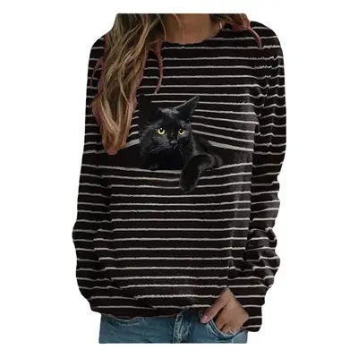 Women Long Sleeve Cat Print T-Shirt Black White