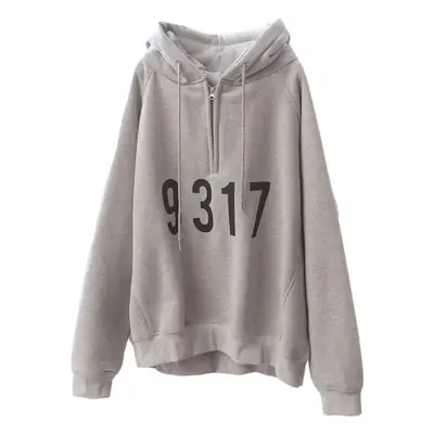 Fleece Hooded Sweatshirt Women Grey 9317 Print