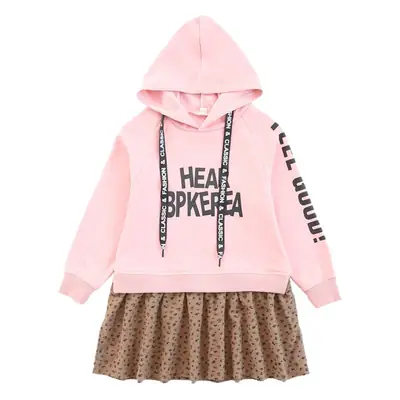 Girls Pink Hoodie Skirt Set Fake Two Piece