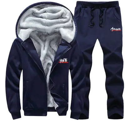 Men's Grey Velvet Hoodie Track Suit Winter Warm Two-Piece