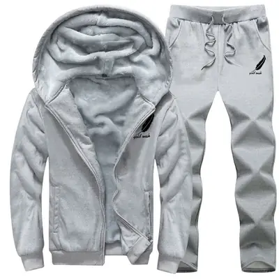 Men Fleece Lined Hoodie Pants Set Grey Winter Casual