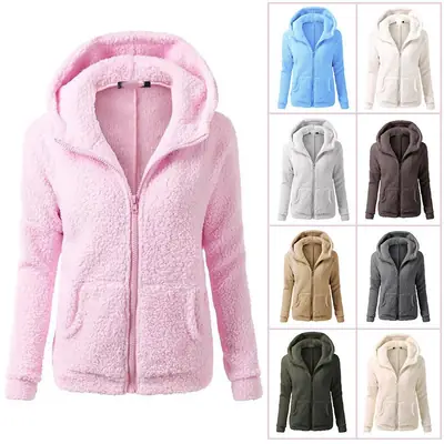 Women's Stuffed Zipper Hoodie Cream Solid Color