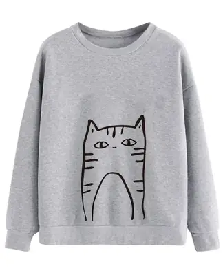 Gray Cat Print Long Sleeve Sweatshirt for Men Women