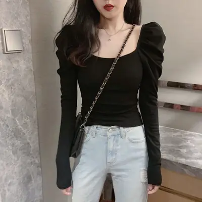 Women Square Neck Puff Sleeve Long Sleeve Black T-Shirt
