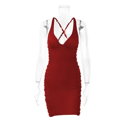 White V-Neck Backless Pleated Dress for Women