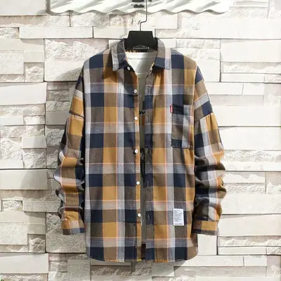 Men's Long Sleeve Plaid Shirt Blue Orange Large