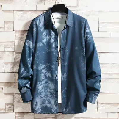 Men Long Sleeve Blue Floral Shirt Loose Casual Hong Kong Style