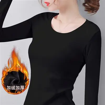 Korean Fleece Lined Round Neck T-Shirt Black Long Sleeve Women Winter Warm Top
