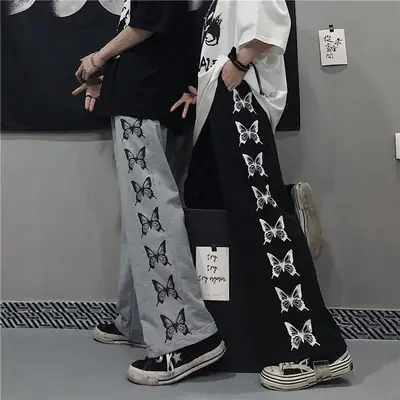 Women Harajuku Butterfly Pants Slim Fit Grey
