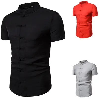 Men Chinese Style Button Down Shirt Light Grey Short Sleeve