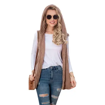 Women's Plush Hooded Vest Mid-Length Brown