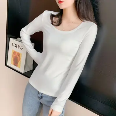 Women Long Sleeve Velvet T-Shirt Beige Winter