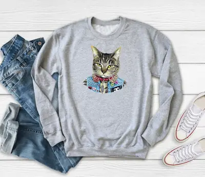 Women Pink Cat Print Sweatshirt Round Neck