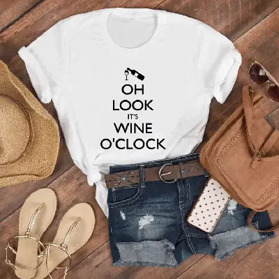 White T-Shirt with Wine O'Clock Print