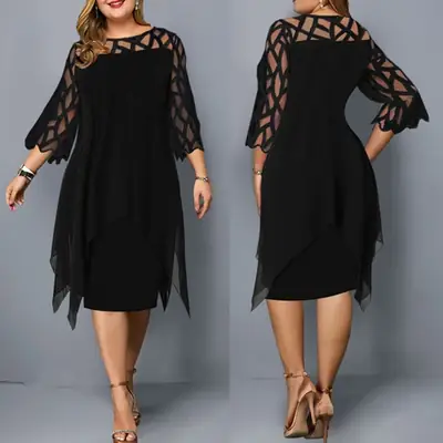 Lace Chiffon Dress Green Three Quarter Sleeve Asymmetrical Hem