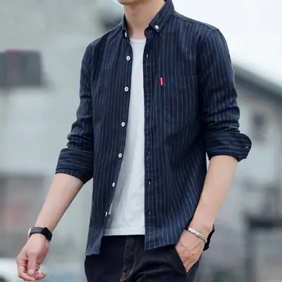 Men's Long Sleeve Striped Shirt Blue Slim Fit 2020