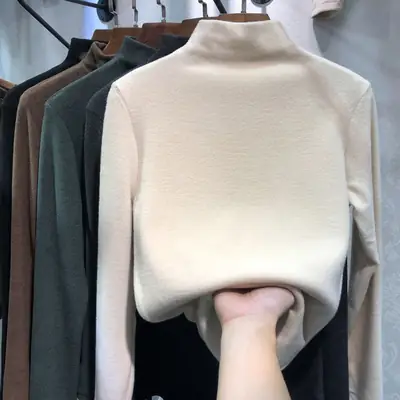 Women's Brown Velvet Half High Collar T-Shirt Winter Fleece Lined
