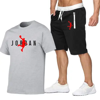 Men Printed Jordan T-Shirt & Shorts Set Light Blue Black