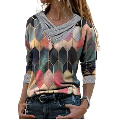Women's Printed V-Neck Long Sleeve T-Shirt Top