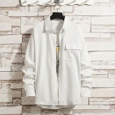 Men Long Sleeve Striped Shirt Black Loose Fit
