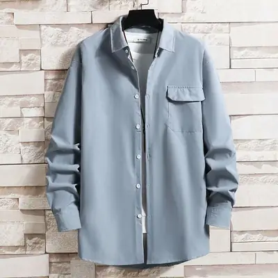 Men's Long Sleeve Shirt Grey Japanese Hong Kong Style Loose Collar Business Home Korean Style Pocket Fashion