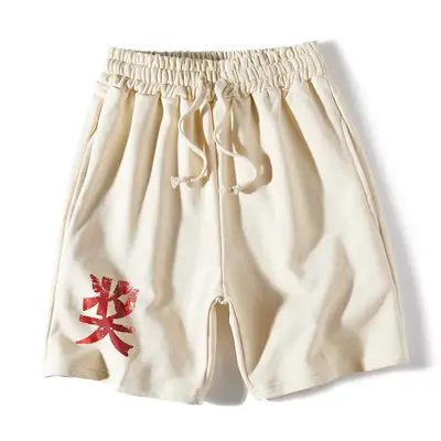 Men's Cream Heavy Cotton Retro Shorts with Drawstring