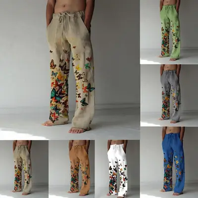 Men's Butterfly Print Cotton Linen Pants Loose Fit Tan